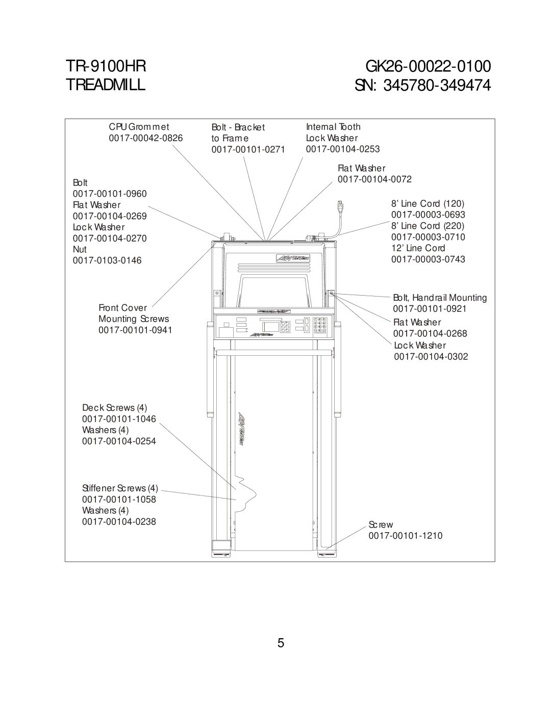 Life Fitness TR-9100 HR manual 0017-00104-0253, Flat Washer, Lock Washer ’ Line Cord 0017-00104-0270, Front Cover 