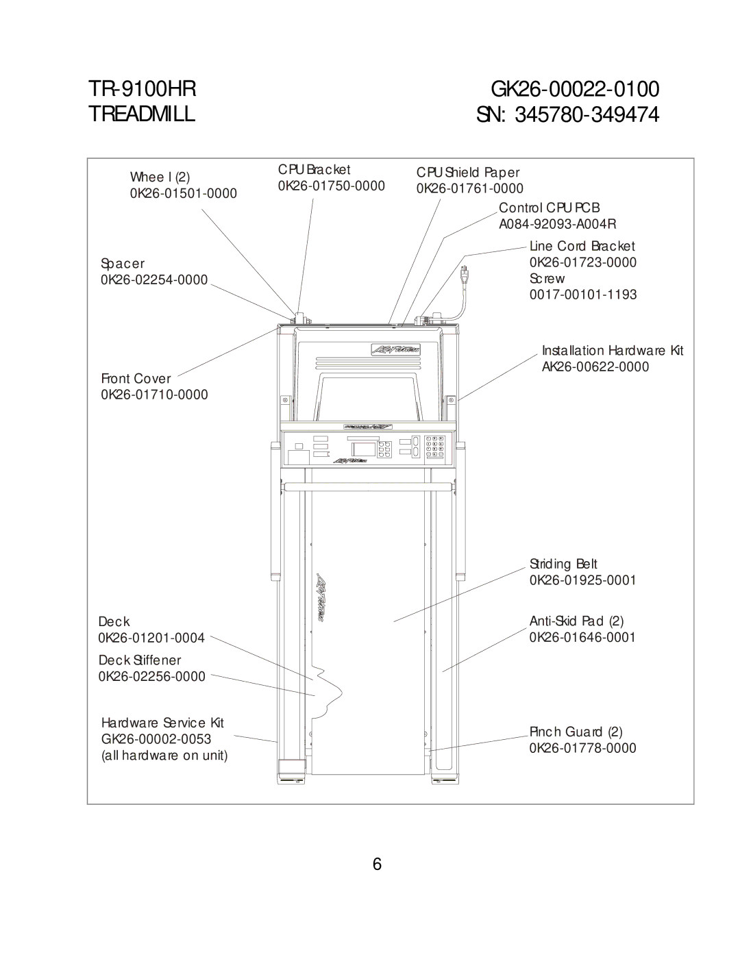 Life Fitness TR-9100 HR manual Treadmill 