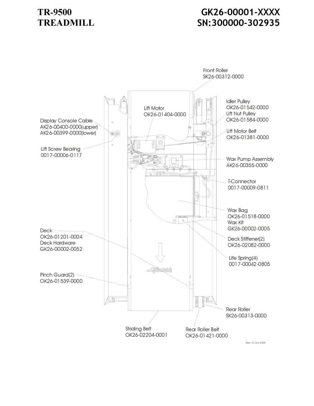 Life Fitness TR-9500 manual AK26-00355-0000, Connector, 0017-00009-0811, Wax Bag, OK26-01518-0000, Wax Kit, GK26-00002-0005 