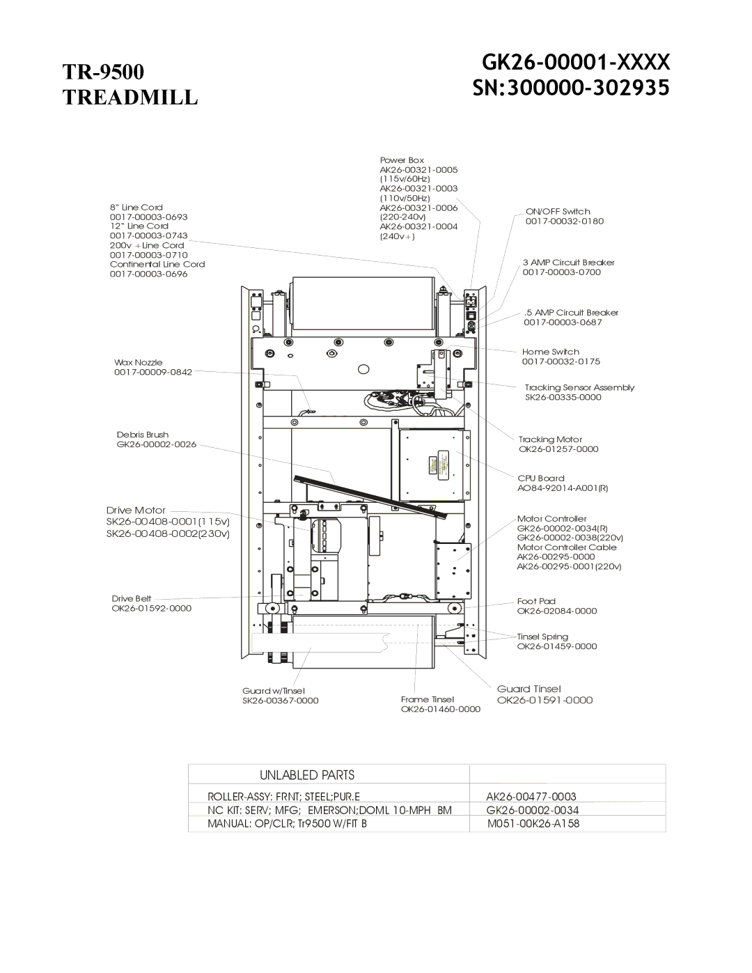 Life Fitness TR-9500 manual GK26-00001-XXXX SN300000-302935, Unlabled Parts 