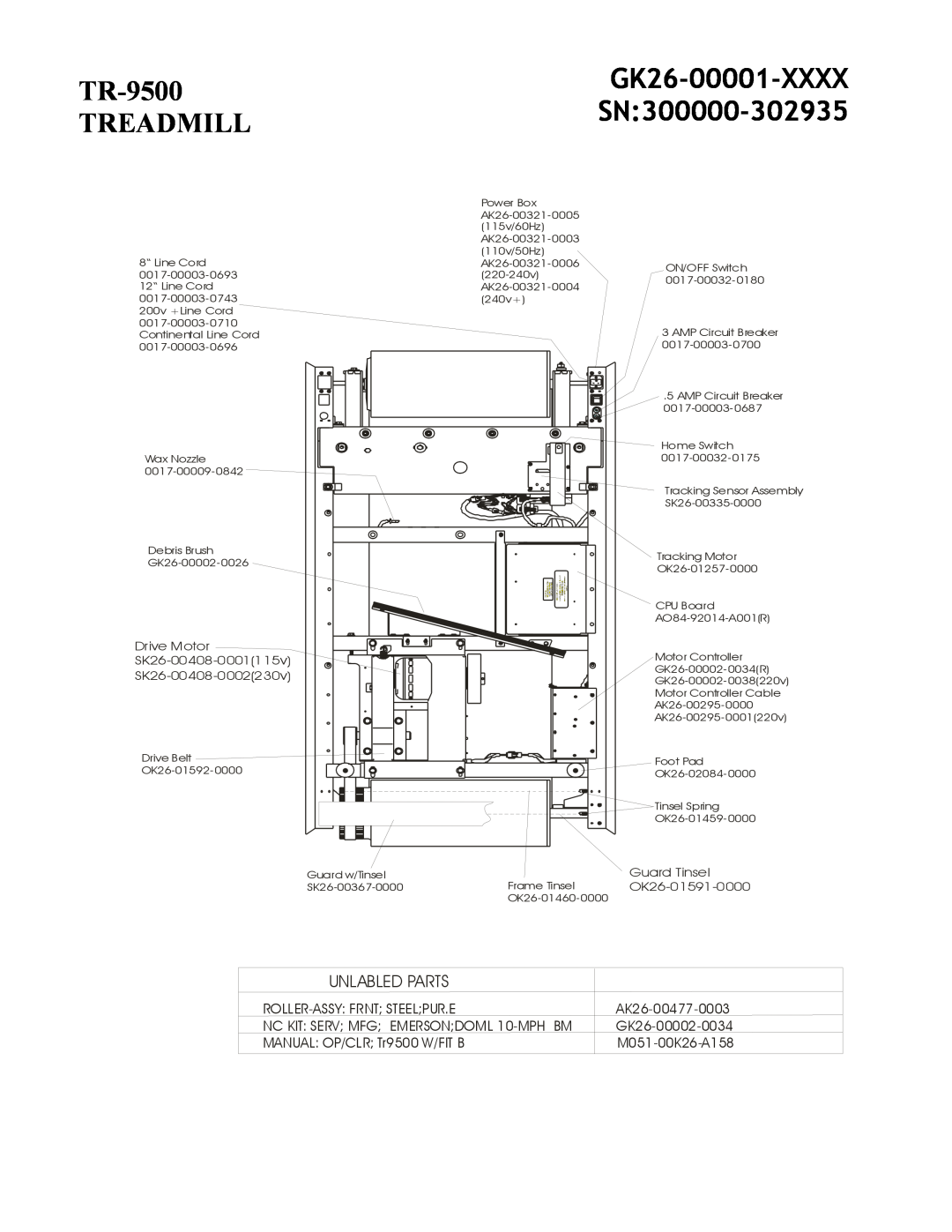 Life Fitness manual TR-9500 TREADMILL, GK26-00001-XXXX SN300000-302935, Unlabled Parts, Roller-Assy Frnt Steelpur.E 