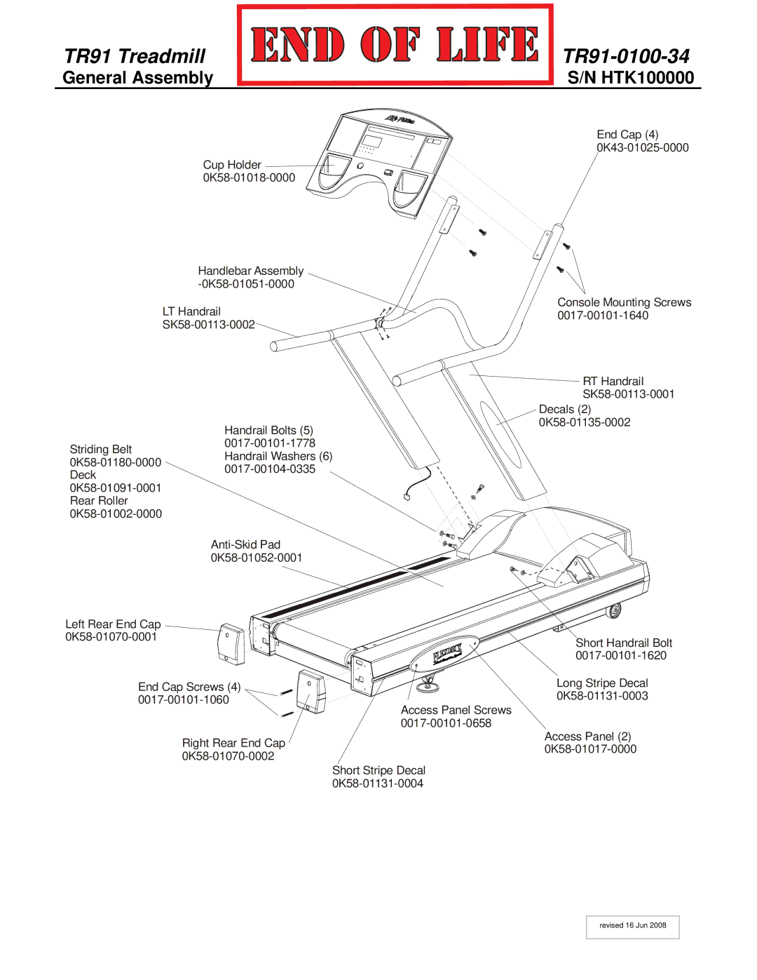 Life Fitness S/N HTK 100000 manual TR91 Treadmill TR91-0100-34 