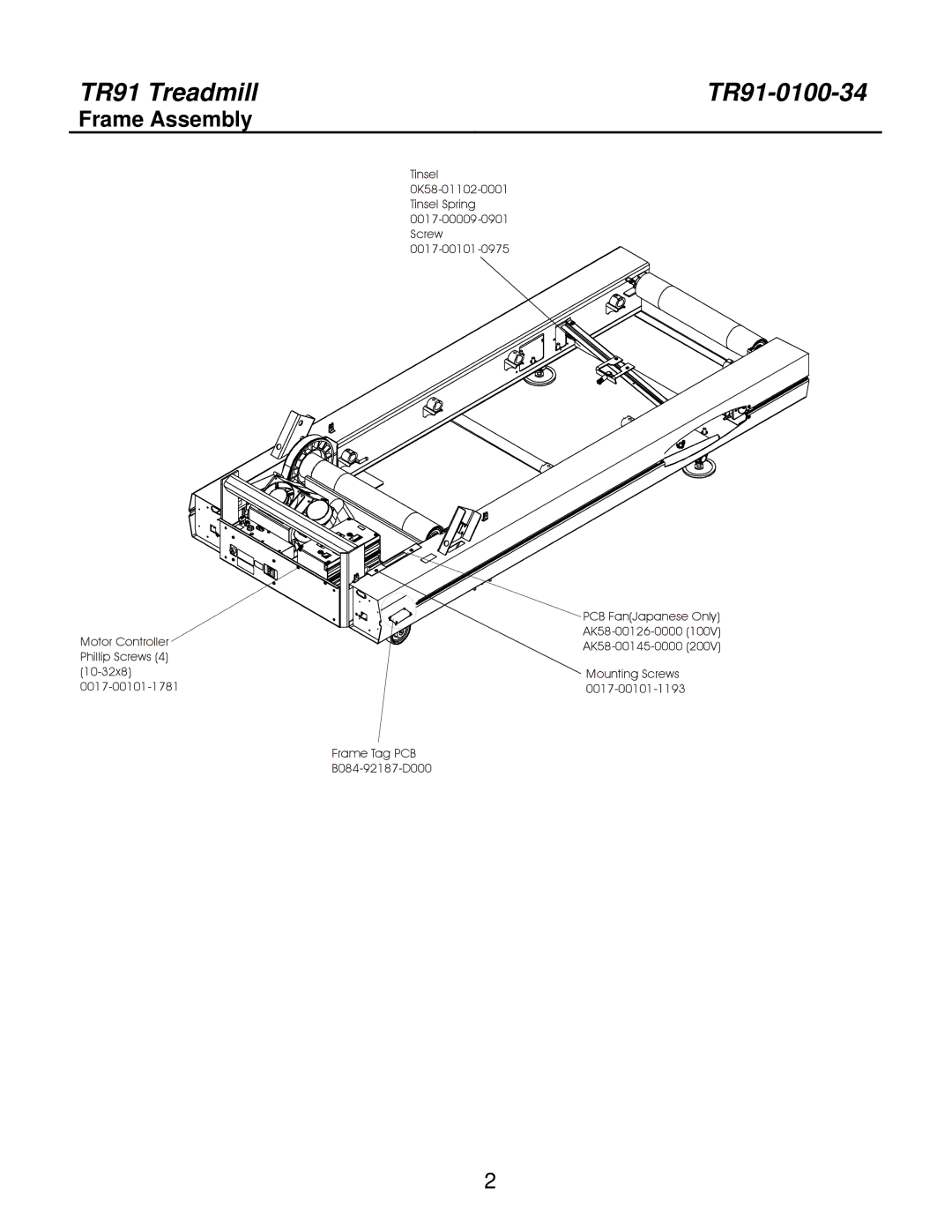 Life Fitness TR91-0100-34, S/N HTK 100000 manual TR91 Treadmill, Frame Assembly 