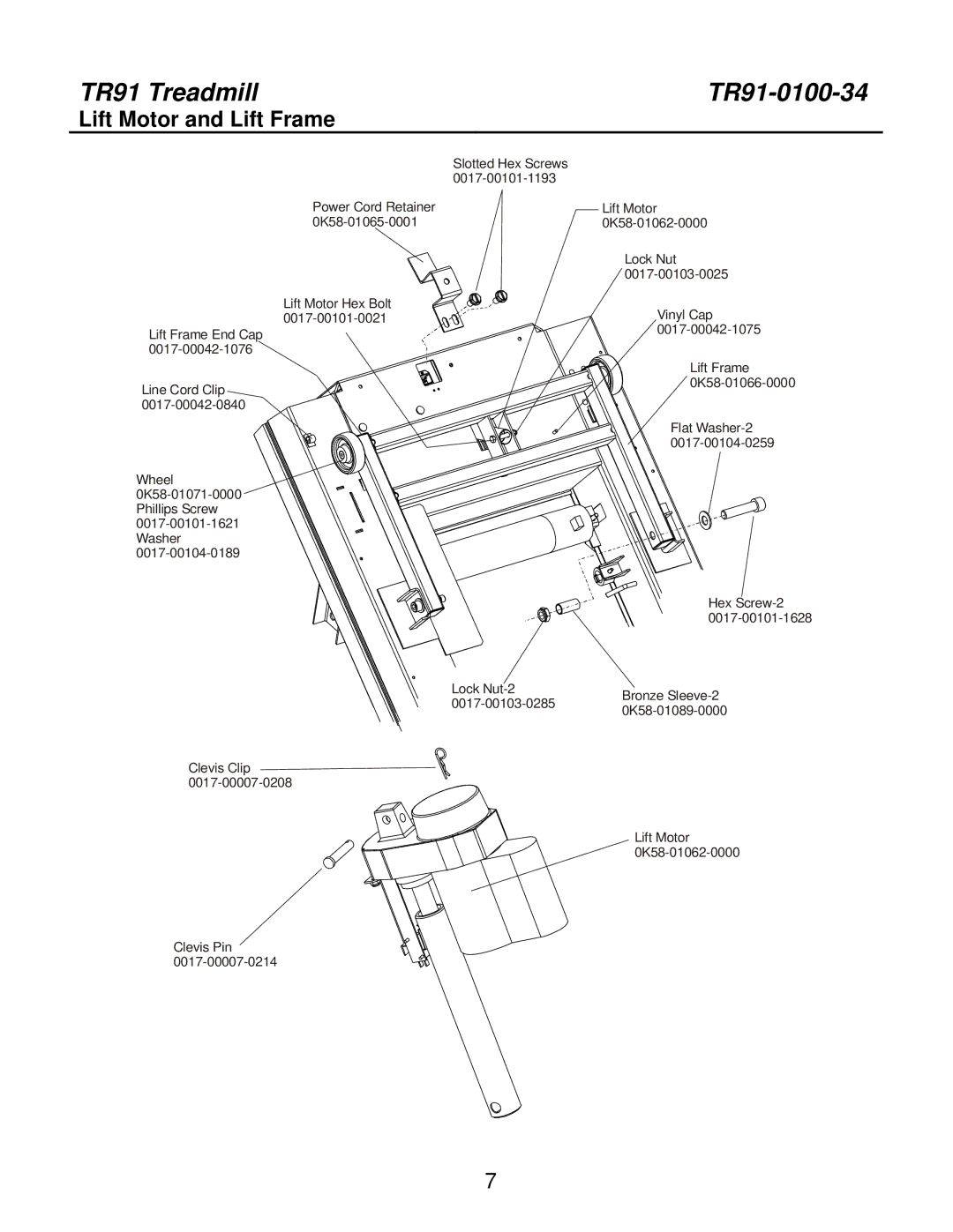 Life Fitness S/N HTK 100000, TR91-0100-34 manual Lift Motor and Lift Frame 