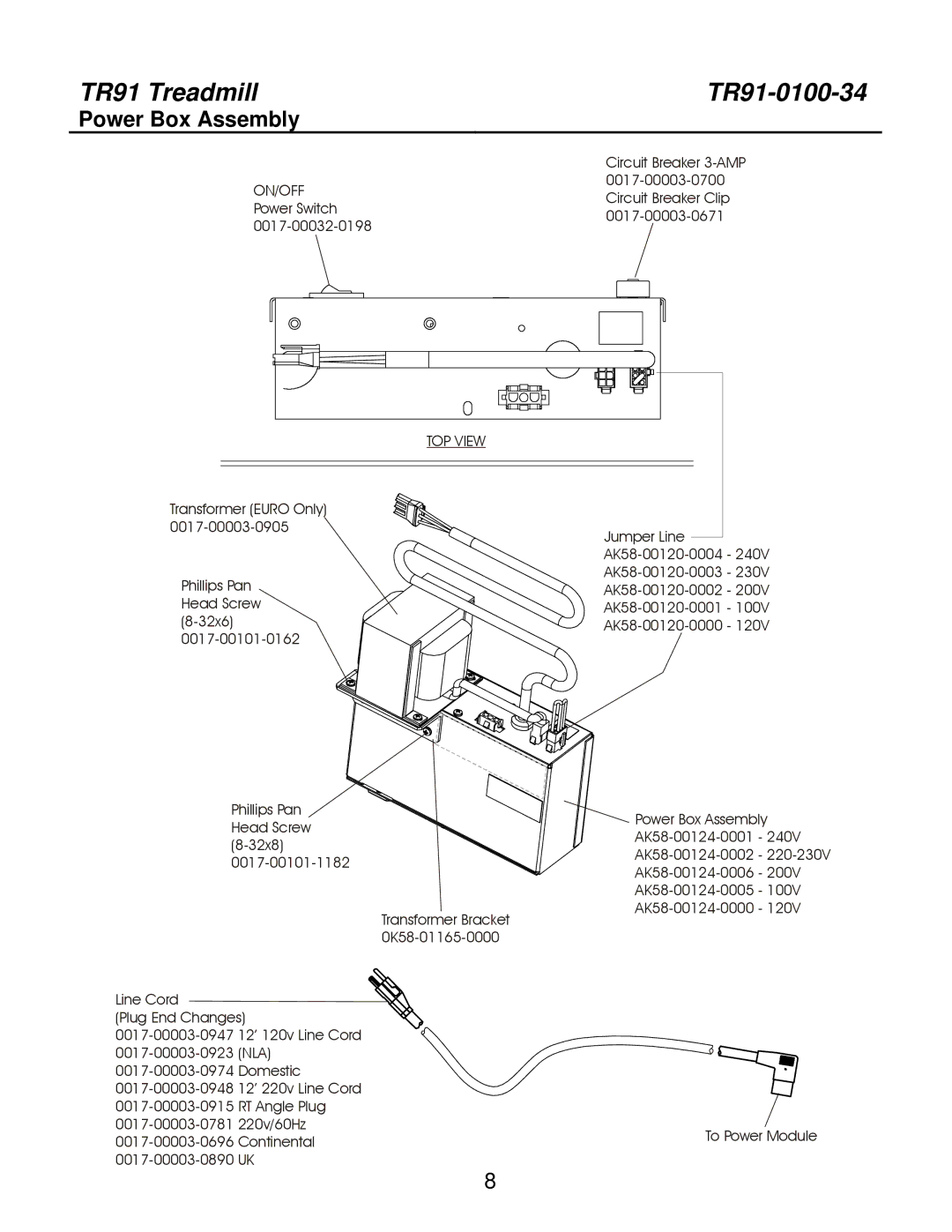 Life Fitness TR91-0100-34, S/N HTK 100000 manual Power Box Assembly, TOP View 