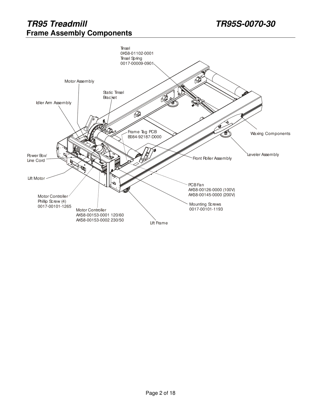 Life Fitness TR95 manual Frame Assembly Components 