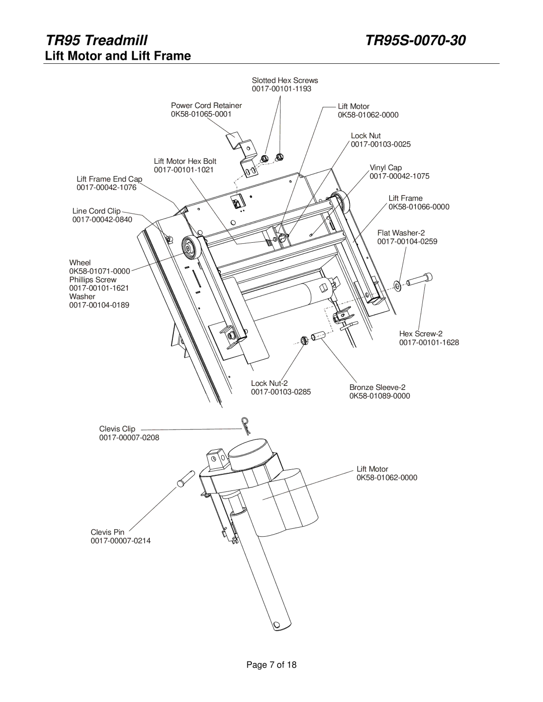 Life Fitness TR95 manual Lift Motor and Lift Frame 