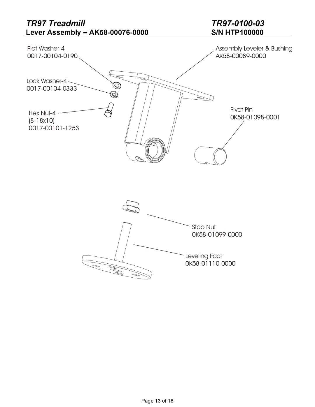 Life Fitness TR97 manual Lever Assembly AK58-00076-0000 HTP100000 