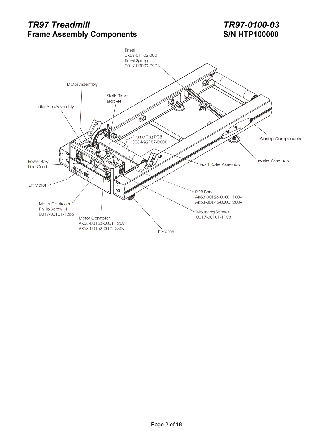 Life Fitness manual TR97 Treadmill TR97-0100-03, Frame Assembly Components HTP100000 