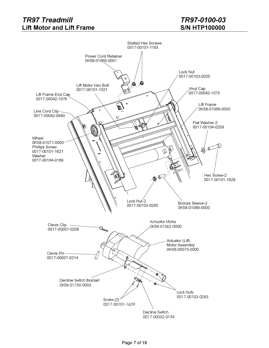 Life Fitness TR97 manual Lift Motor and Lift Frame HTP100000 