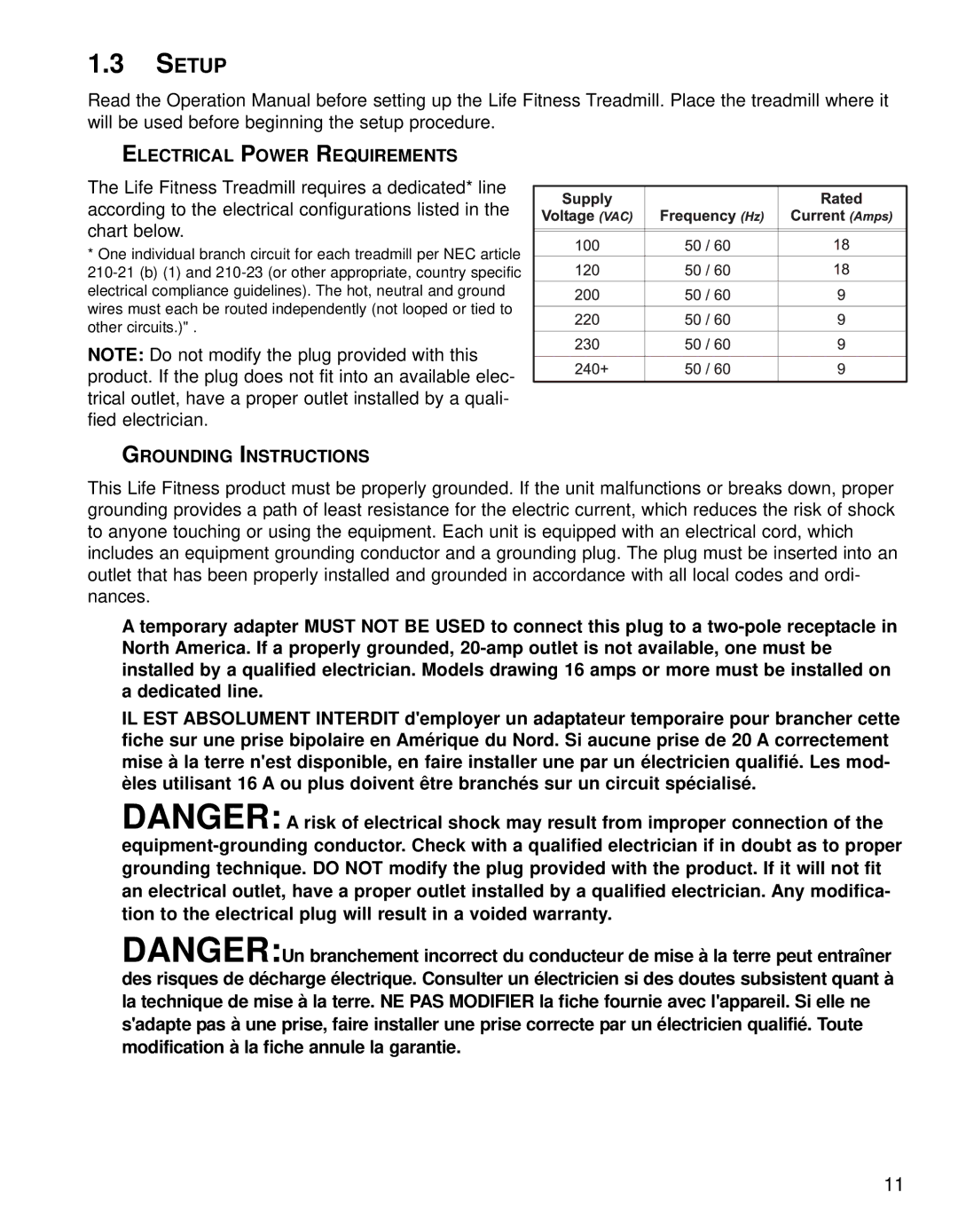 Life Fitness Treadmills 97Te, 95TE operation manual Setup, Electrical Power Requirements, Grounding Instructions 