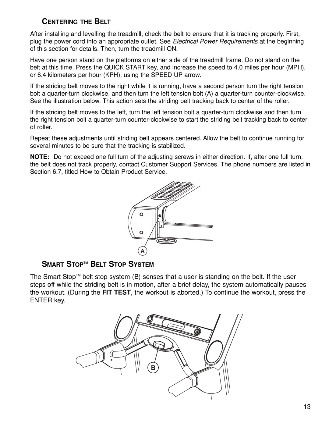 Life Fitness Treadmills 97Te, 95TE operation manual Centering the Belt, Smart Stoptm Belt Stop System 