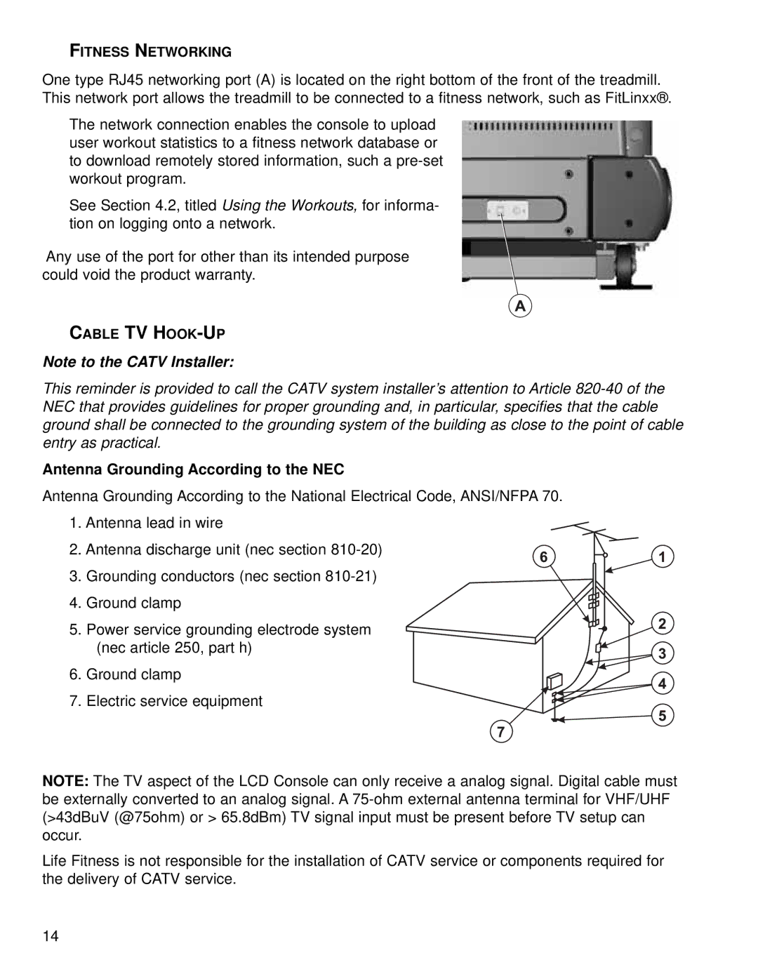 Life Fitness 95TE, Treadmills 97Te operation manual Fitness Networking, Cable TV HOOK-UP 