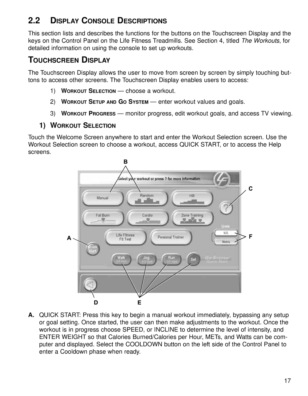 Life Fitness Treadmills 97Te, 95TE operation manual Display Console Descriptions, Touchscreen Display, Workout Selection 