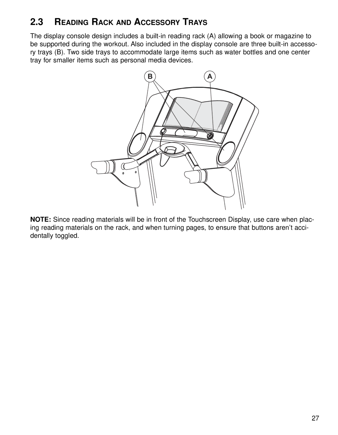 Life Fitness Treadmills 97Te, 95TE operation manual Reading Rack and Accessory Trays 