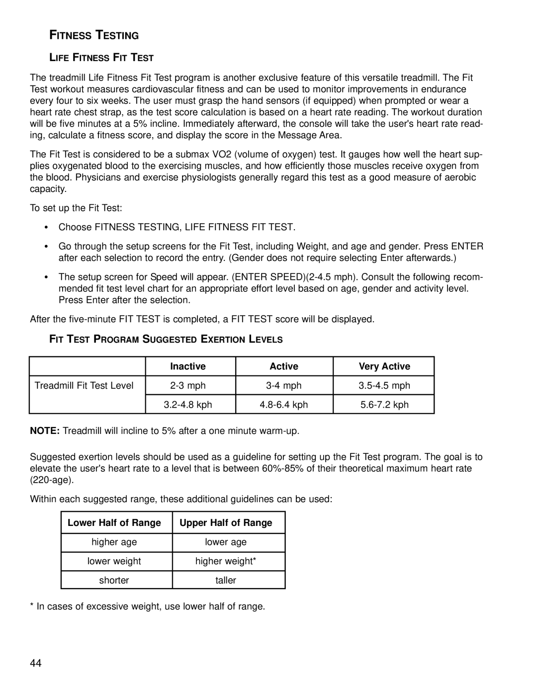 Life Fitness 95TE, Treadmills 97Te operation manual Fitness Testing, Inactive Active Very Active 