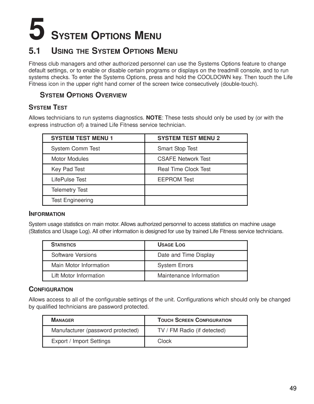 Life Fitness Treadmills 97Te, 95TE operation manual Using the System Options Menu, System Options Overview, System Test Menu 