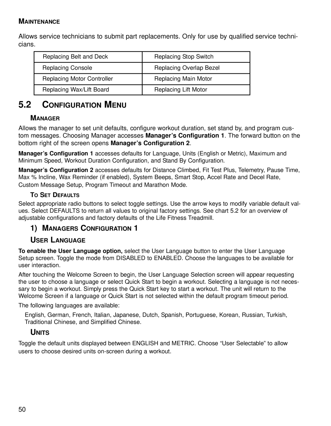 Life Fitness 95TE, Treadmills 97Te operation manual Configuration Menu, Managers Configuration User Language, Units 