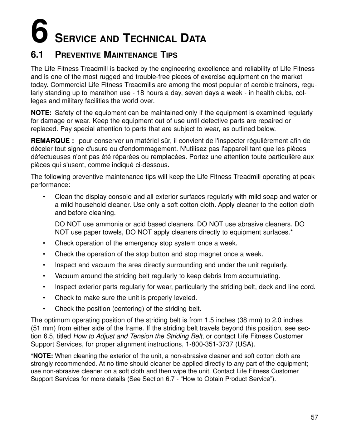 Life Fitness Treadmills 97Te, 95TE operation manual Service and Technical Data, Preventive Maintenance Tips 