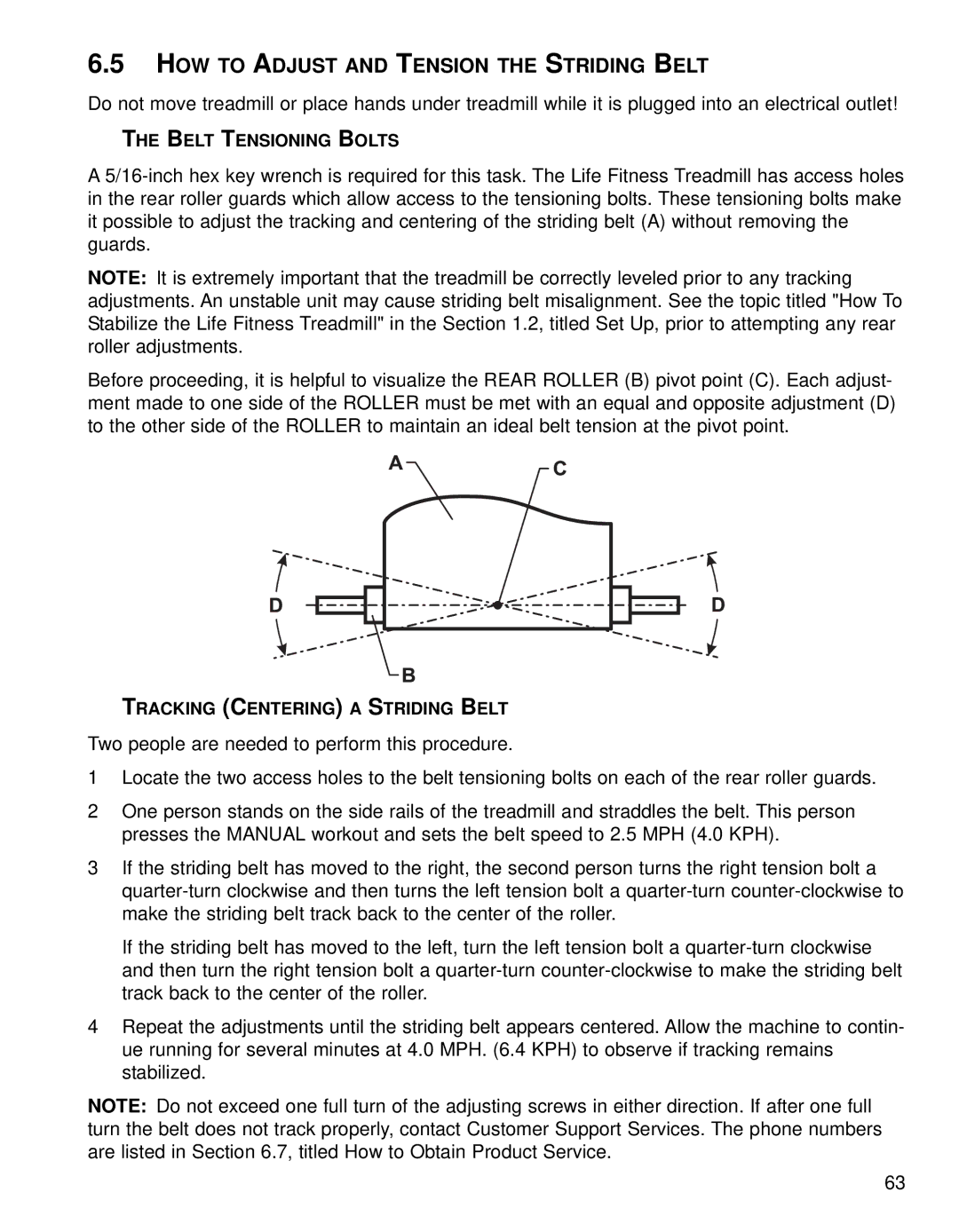 Life Fitness Treadmills 97Te, 95TE operation manual HOW to Adjust and Tension the Striding Belt, Belt Tensioning Bolts 