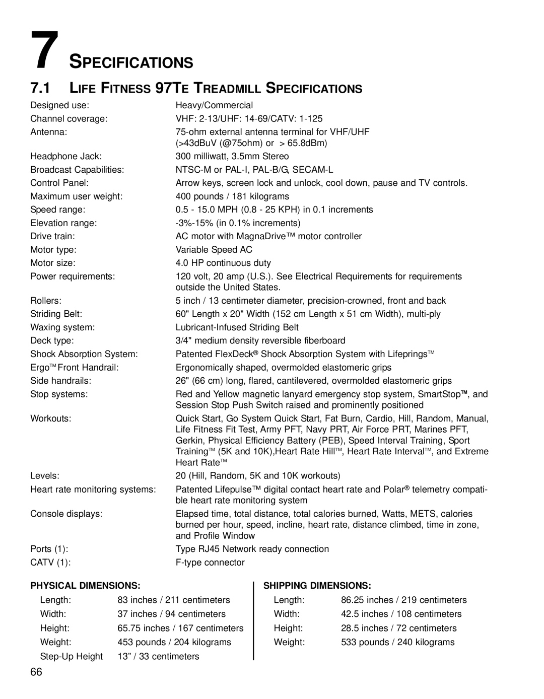 Life Fitness 95TE, Treadmills 97Te operation manual Life Fitness 97TE Treadmill Specifications 