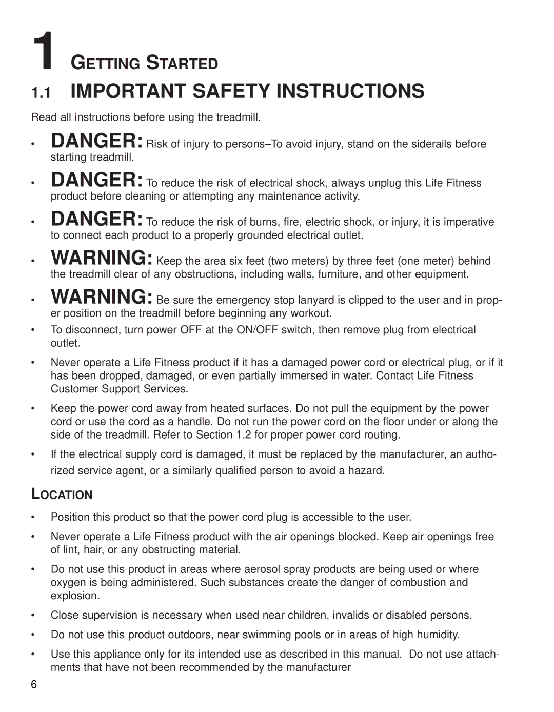 Life Fitness 95TE, Treadmills 97Te operation manual Important Safety Instructions, Location 