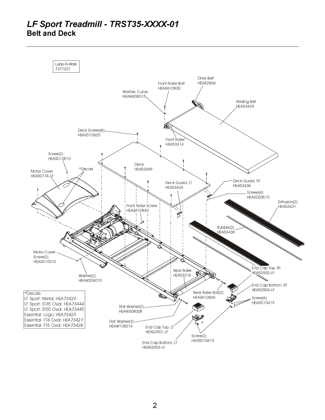 Life Fitness TRST35-XXXX-01 manual Belt and Deck, Essential FT4 Oval HEA73427 Essential FT6 Oval HEA73428 