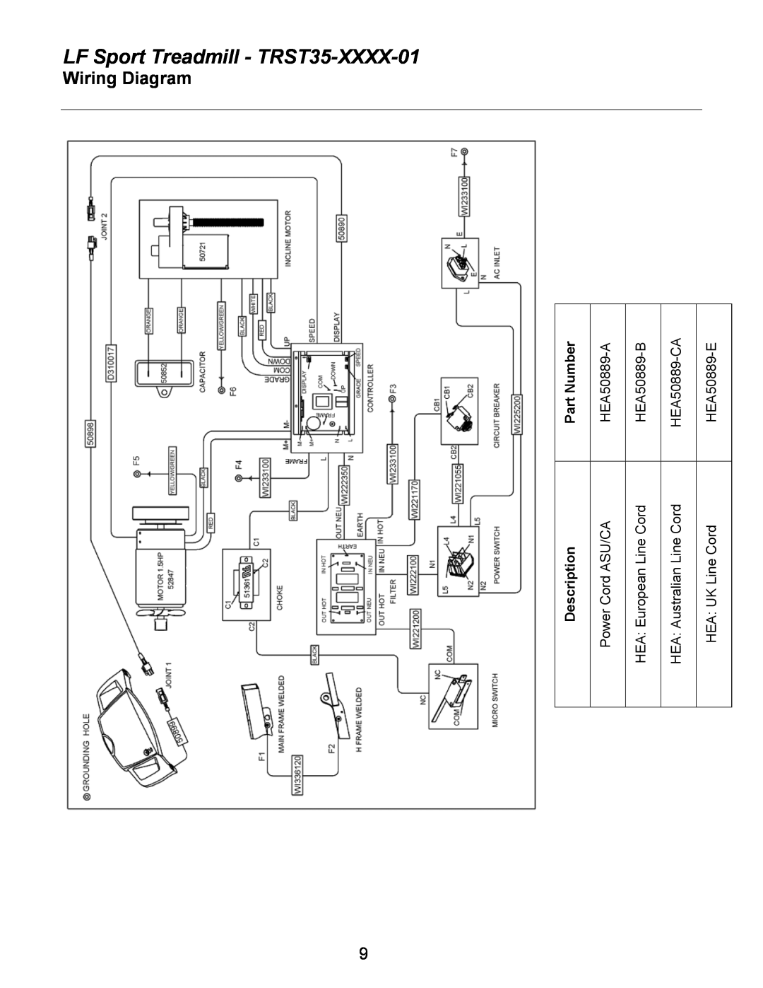 Life Fitness Wiring Diagram, LF Sport Treadmill - TRST35-XXXX-01, Part Number, HEA50889-A, HEA50889-B, HEA50889-CA 