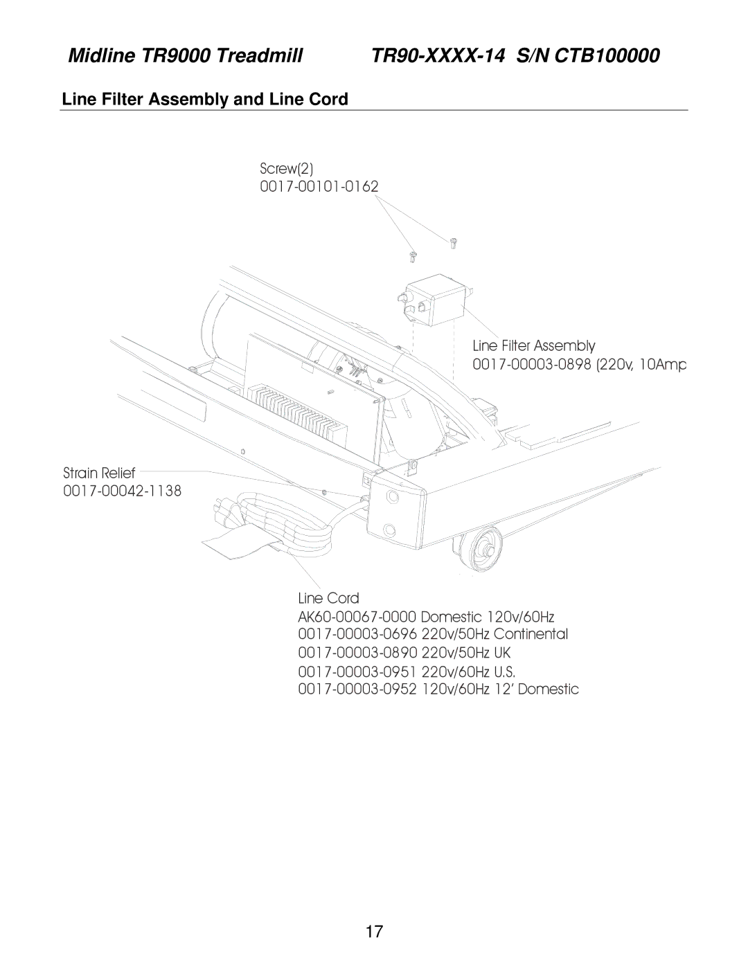 Life Fitness TR85, TRT9i, TR90 operation manual Line Filter Assembly and Line Cord 