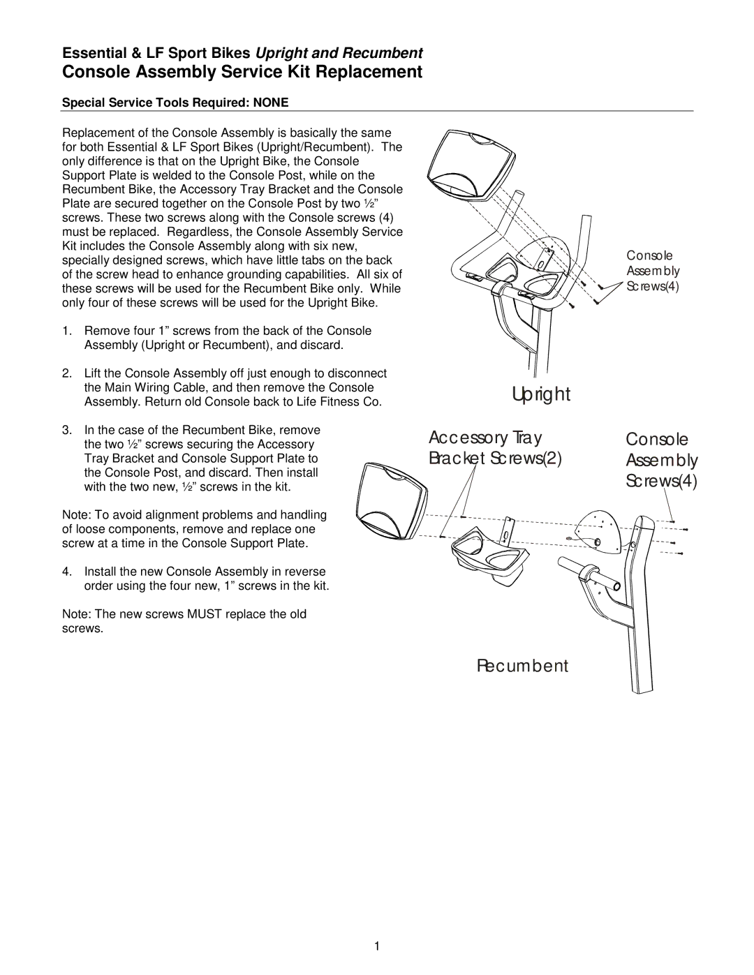 Life Fitness Upright and Recumbent Bike manual Console Assembly Service Kit Replacement 