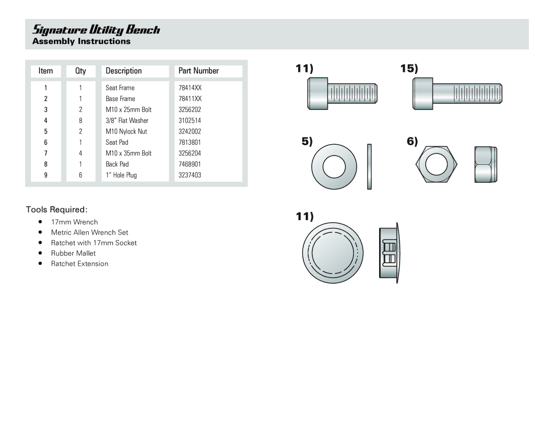 Life Fitness Utility Bench owner manual Assembly Instructions, Qty Description Part Number 