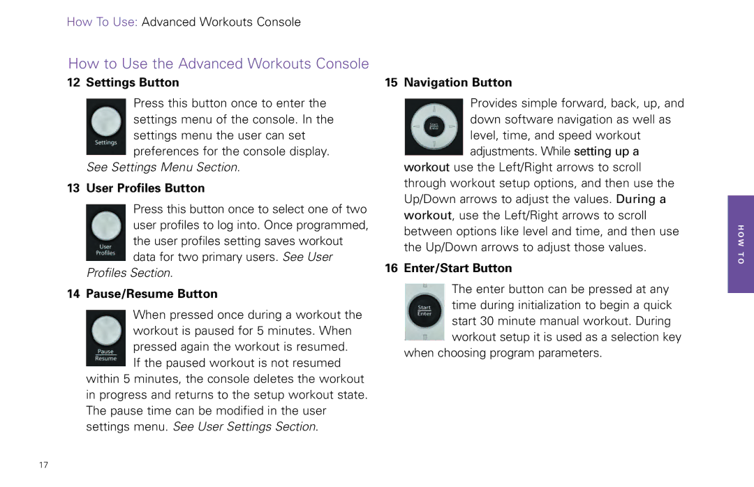 Life Fitness Video Gaming Accessories manual Settings Button, User Profiles Button, Pause/Resume Button, Navigation Button 
