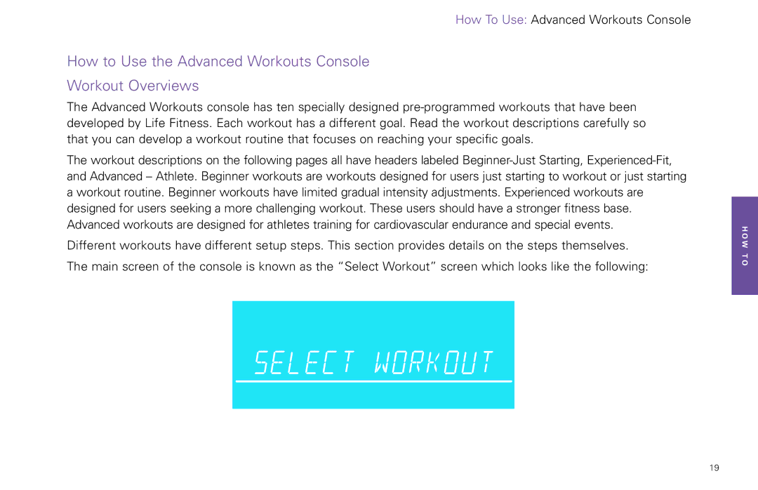 Life Fitness Video Gaming Accessories manual How to Use the Advanced Workouts Console Workout Overviews 