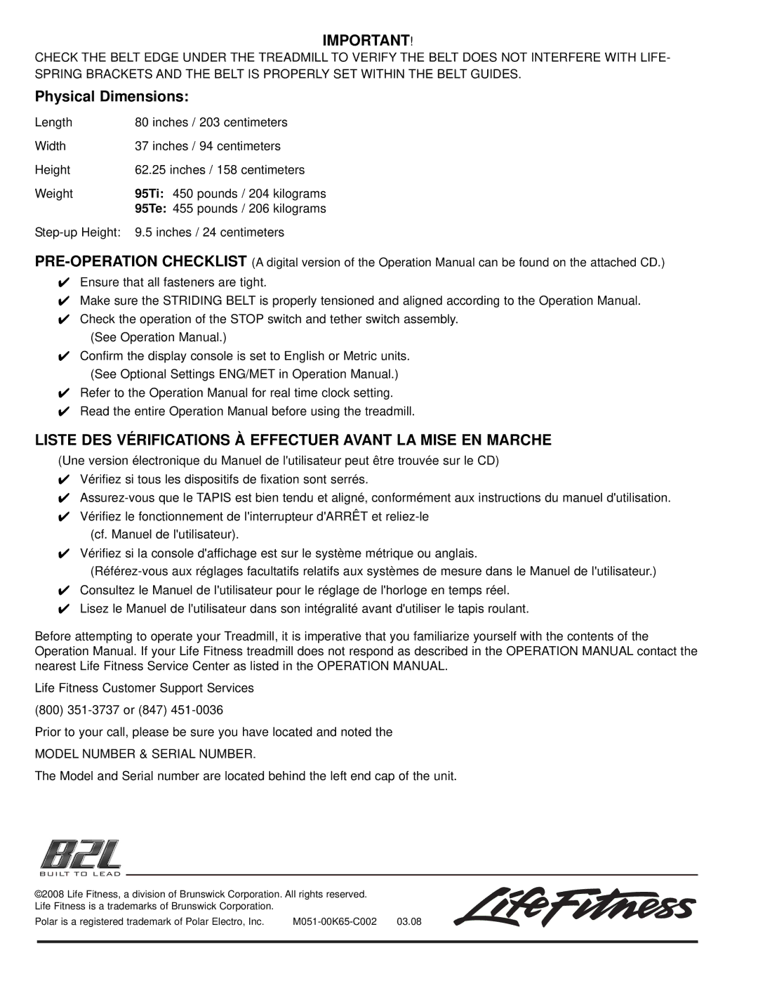 Life Fitness WLE-POE-S manual Liste DES Vérifications À Effectuer Avant LA Mise EN Marche, Model Number & Serial Number 