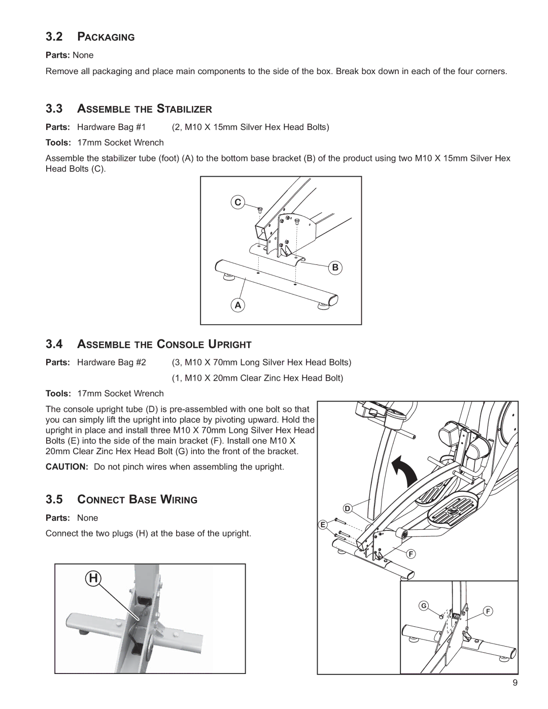 Life Fitness 8973601, X1 owner manual Packaging, Assemble the Stabilizer, Assemble the Console Upright, Connect Base Wiring 