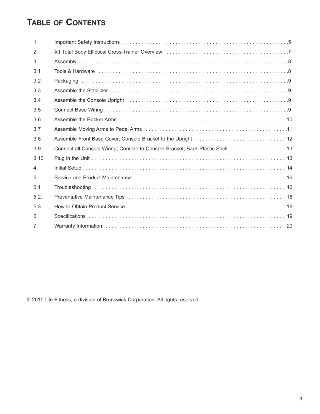 Life Fitness 8973601, X1 owner manual Table of Contents 