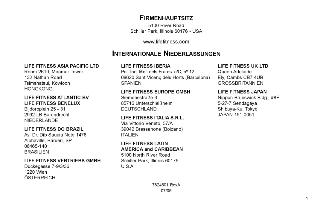 Life Fitness X15 manual Firmenhauptsitz, Internationale Niederlassungen 