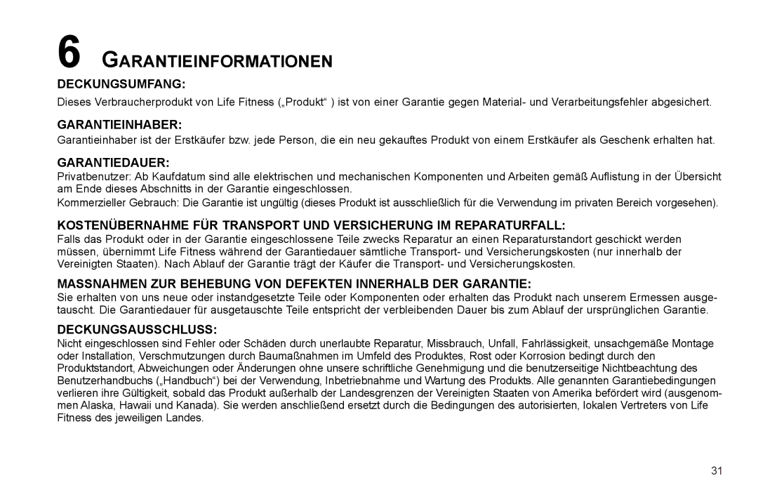 Life Fitness X15 manual Garantieinformationen, Deckungsumfang 