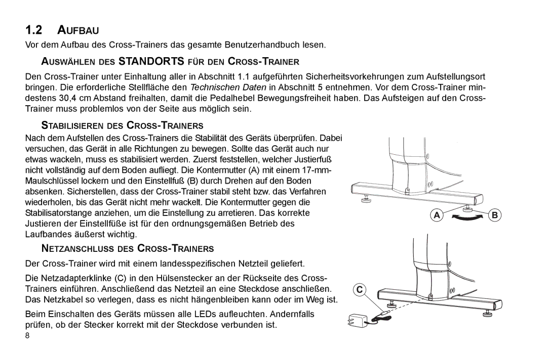 Life Fitness X15 manual Aufbau, Auswählen DES Standorts FÜR DEN CROSS-TRAINER, Stabilisieren DES CROSS-TRAINERS 