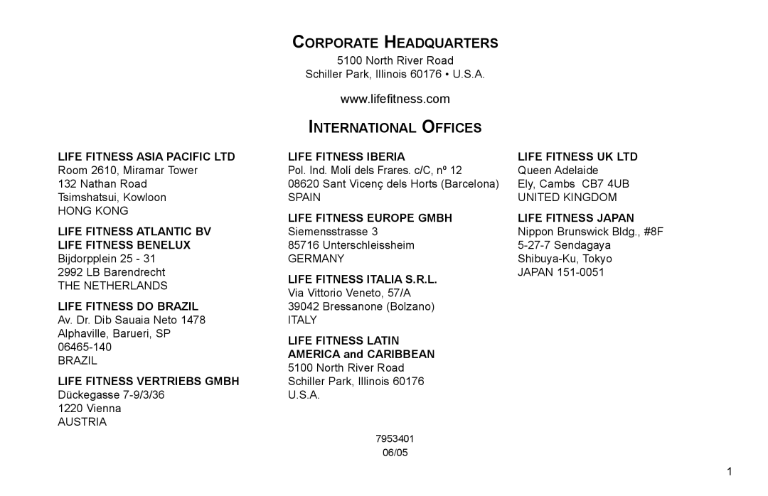 Life Fitness X3-0 user manual Corporate Headquarters, International Offices 