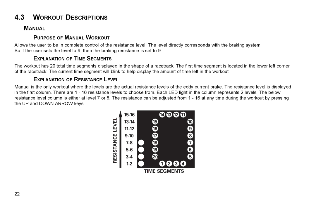 Life Fitness X3-0 user manual Workout Descriptions, Manual, Resistance Level, Time Segments 