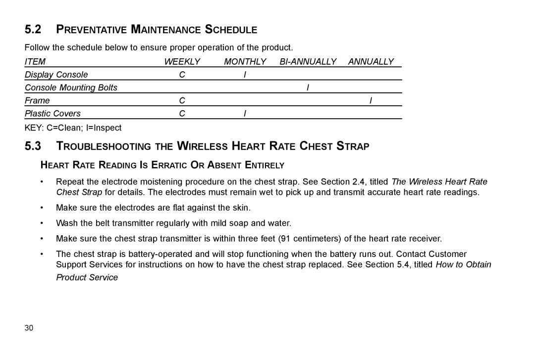 Life Fitness X3-0 user manual Preventative Maintenance Schedule, Troubleshooting the Wireless Heart Rate Chest Strap 