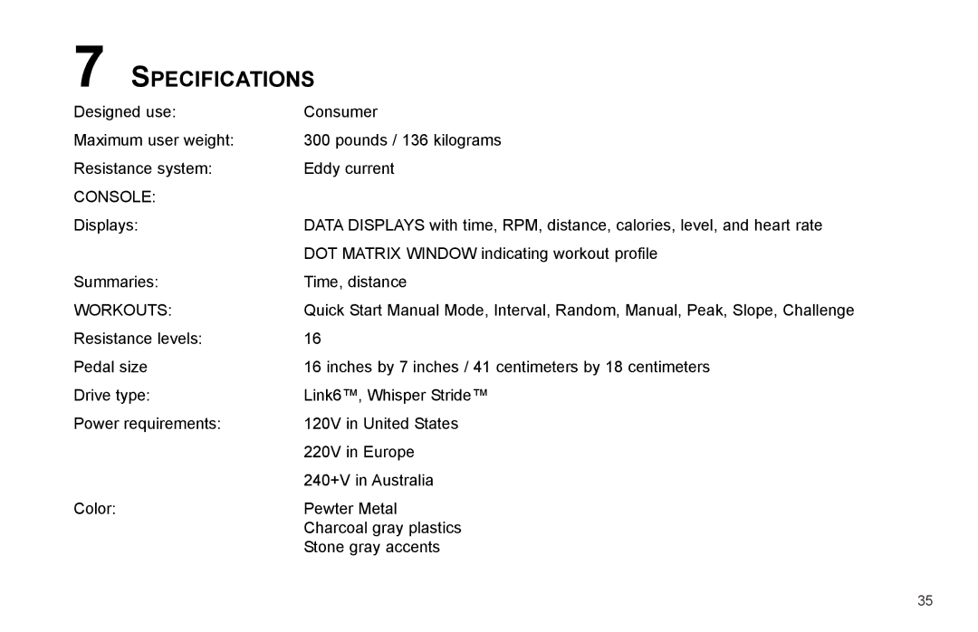 Life Fitness X3-0 user manual Specifications, Console 