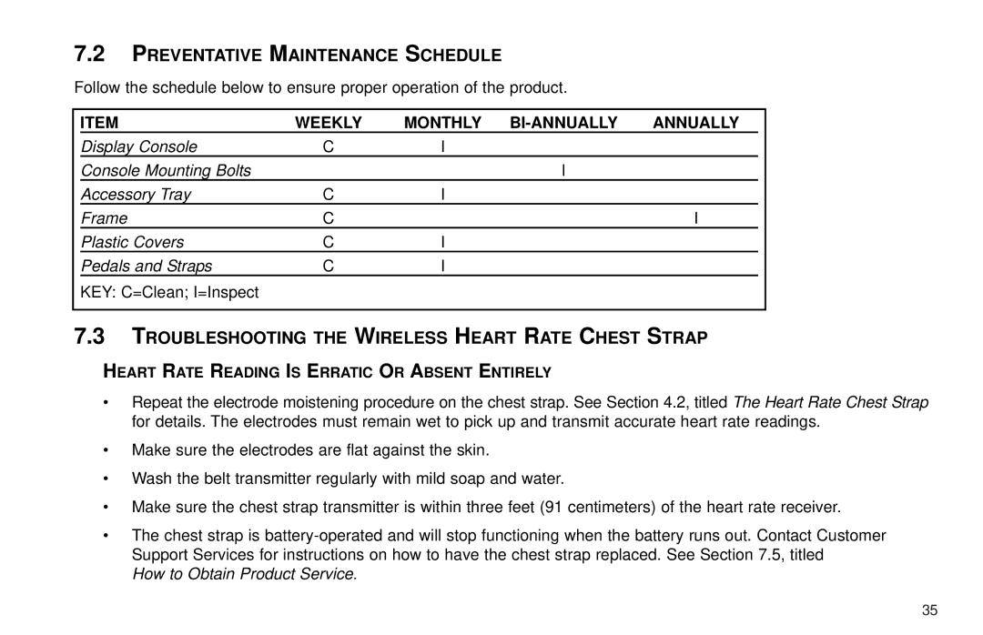 Life Fitness X3 5 user manual Preventative Maintenance Schedule, Troubleshooting the Wireless Heart Rate Chest Strap 