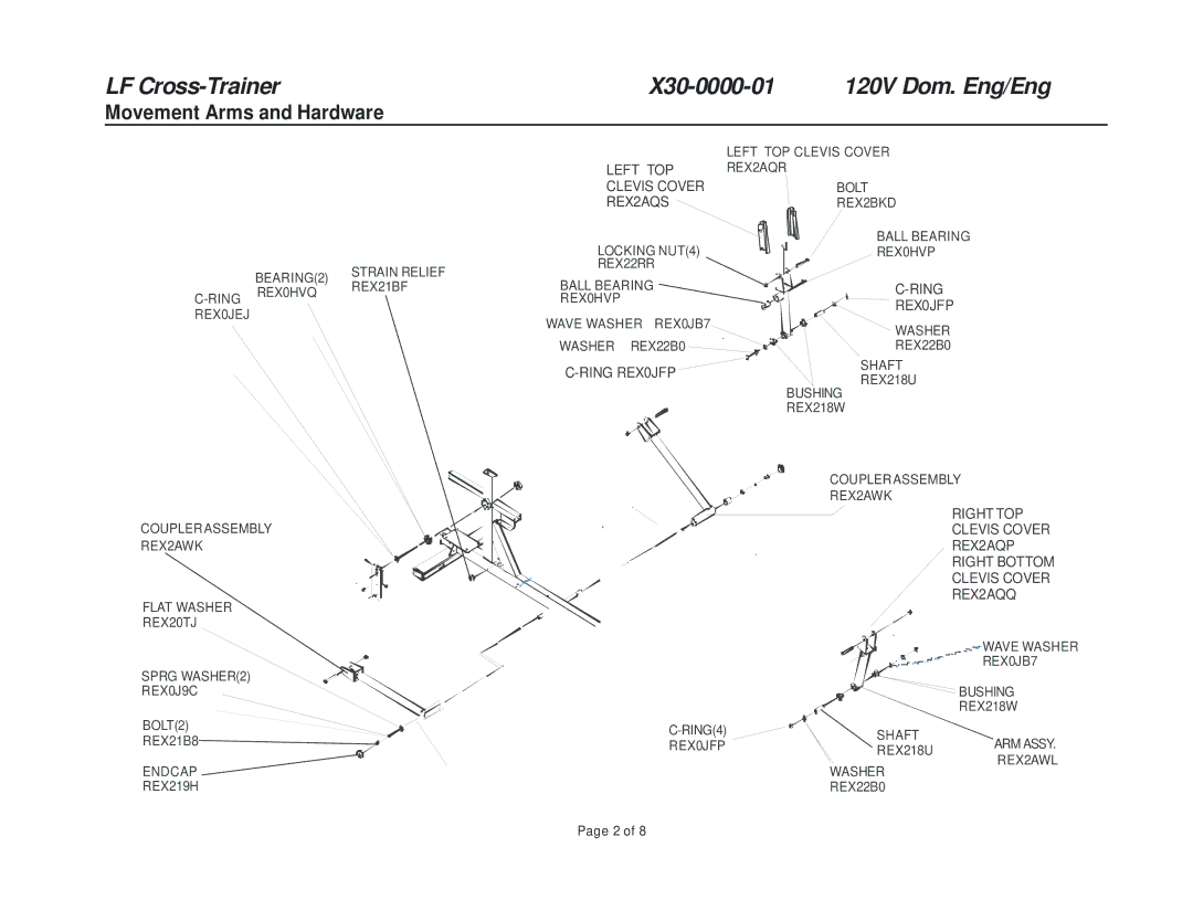 Life Fitness manual LF Cross-Trainer X30-0000-01 120V Dom. Eng/Eng, Movement Arms and Hardware 