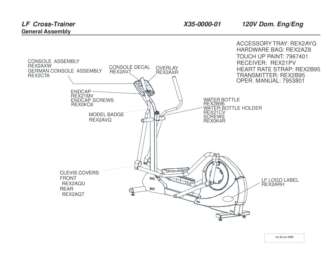 Life Fitness X35-01 manual LF Cross-Trainer X35-0000-01 120V Dom. Eng/Eng, General Assembly 