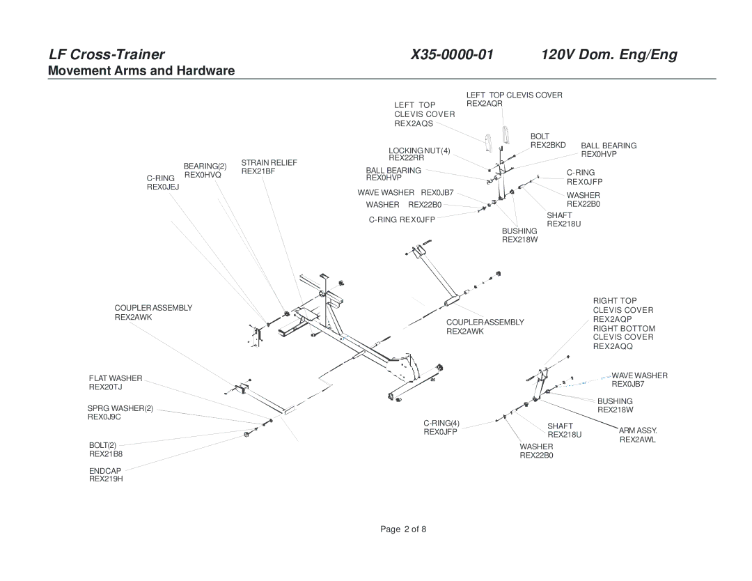 Life Fitness X35-01 manual LF Cross-Trainer X35-0000-01 120V Dom. Eng/Eng, Movement Arms and Hardware 
