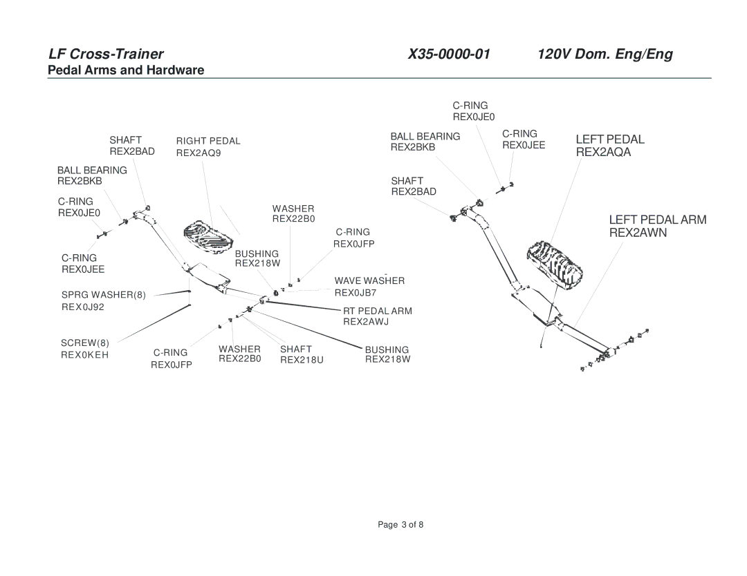 Life Fitness X35-01 manual Pedal Arms and Hardware, Left Pedal REX2AQA 