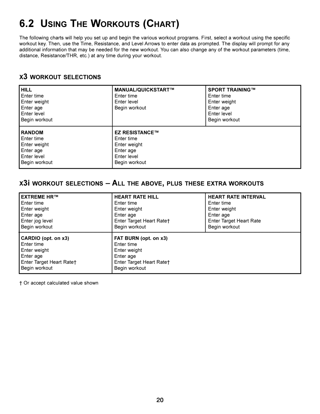 Life Fitness x3i operation manual Using the Workouts Chart, X3 Workout Selections 