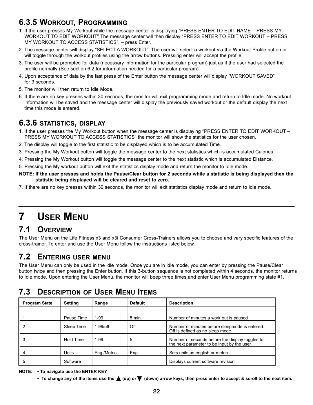 Life Fitness x3i operation manual User Menu 